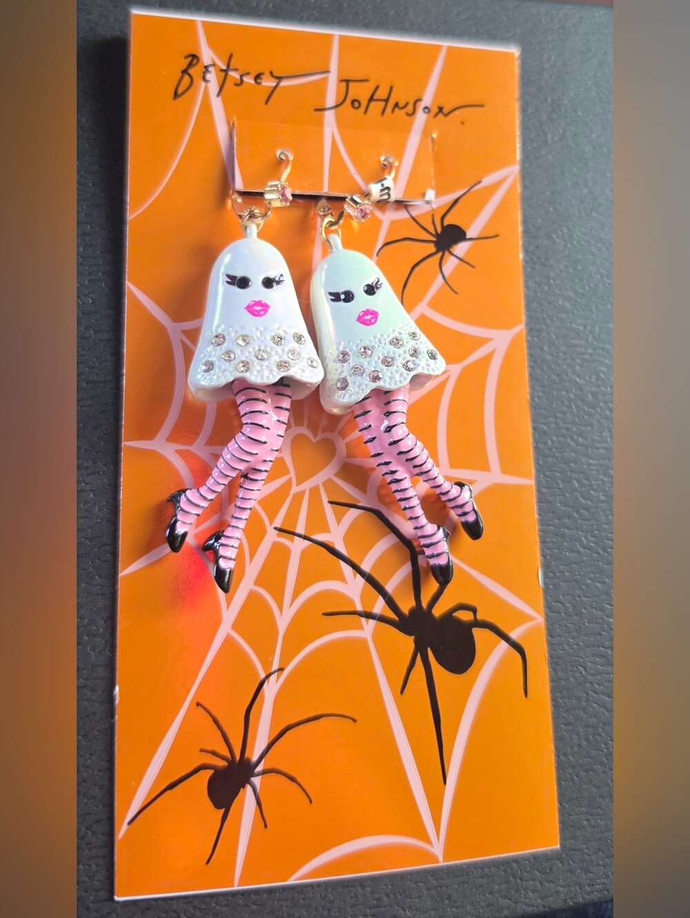 Betsey Johnson Pink & White Ghost Leg Drop Earrings